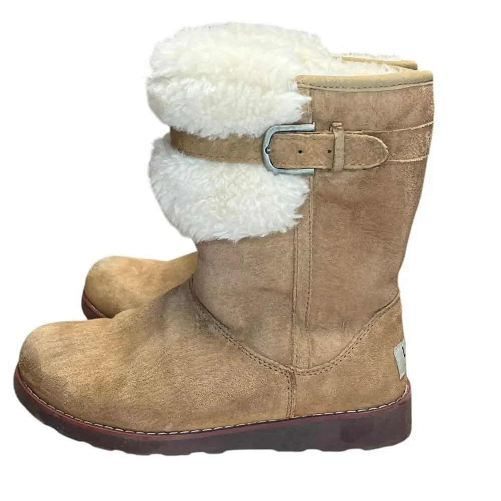 UGG Youth Size 4 EU 34 Skylir Chestnut Brown Suede Shearling Lined Boots Zipper